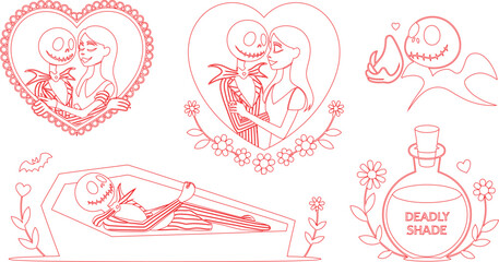 Obraz premium Stylized skeletal couple with hearts, coffin, and potion bottle, representing gothic romance in line art