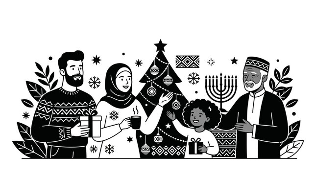 Diverse Family Celebrating Holidays Together, Christmas Tree and Menorah