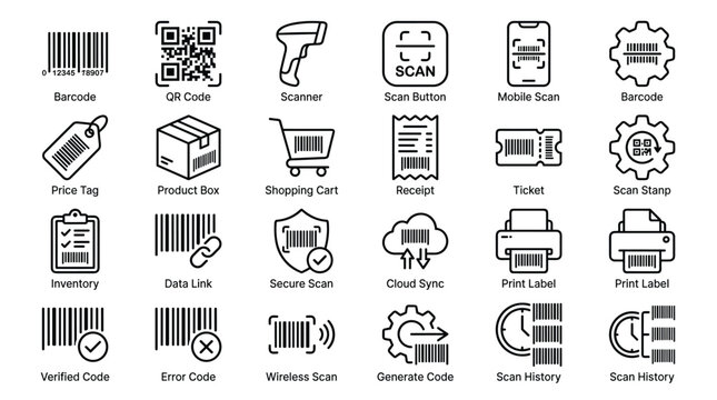 Set of barcode and QR code scanner icons for retail supply chain and product management featuring scanning devices tags boxes receipts and cloud integration.