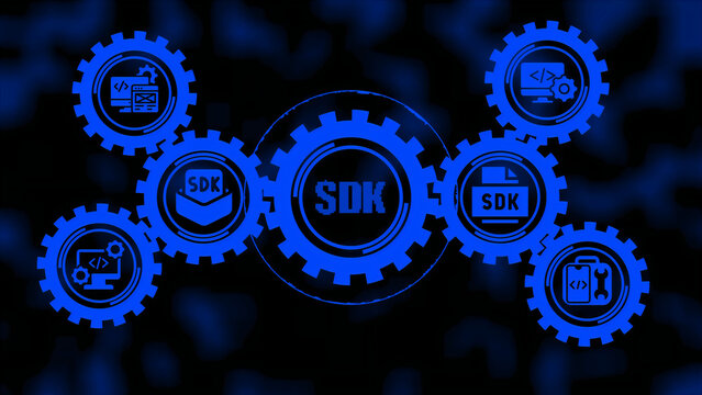 Software development kit sdk concept with glowing blue interconnected gear on a dark background, representing programming tools, and integrated digital, application development systems