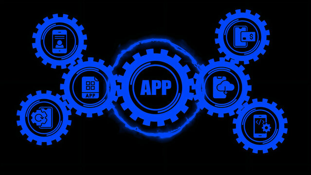 Mobile application development concept with a central gear labeled app surrounded by smaller gears featuring of smartphone interfaces, cloud storage, coding, and digital payment systems
