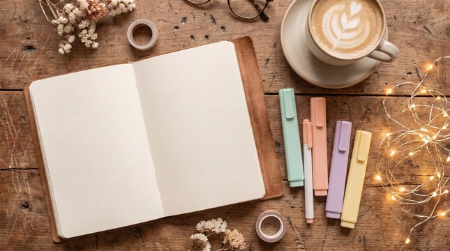 Flat lay journaling setup with coffee cup and colored pencils on wooden table
