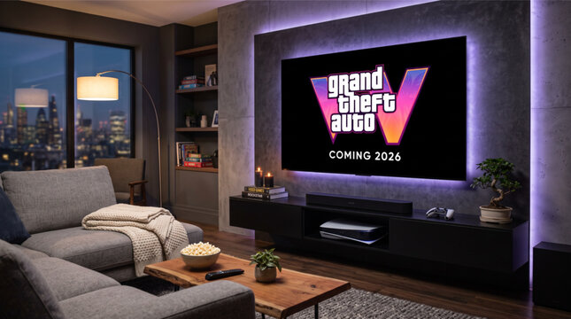 Grand Theft Auto VI GTA 6 game logo on television screen in modern living room interior with Playstation 5 console at night. POV playing Rockstar upcoming blockbuster action-adventure video game.