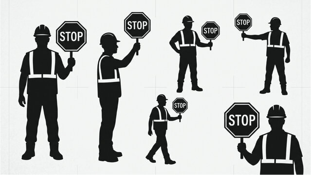 Traffic Controller Silhouette Set &ndash; Stop Sign Holders for Construction Safety and Road Control Vector Illustration