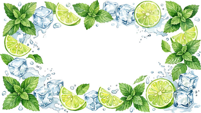 Lime slices mint leaves and ice cubes rectangular frame border illustration for refreshing summer drink menu design