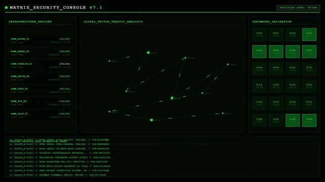 Green matrix security console network traffic analysis dashboard interface.