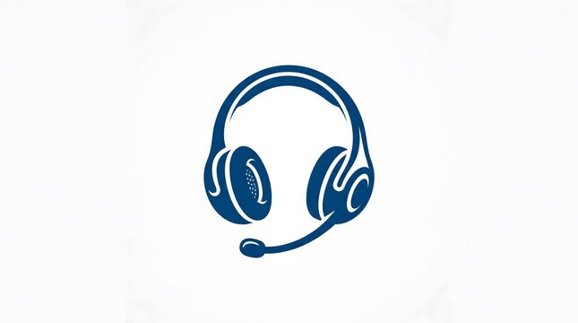 A minimalist blue vector icon of a headphone with an attached microphone, isolated on a clean white background
