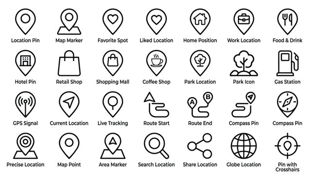 Set of minimalist map pins and location markers with various navigation symbols for travel mapping and digital interface design on a simple clean white background.
