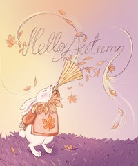 Fototapeta premium Hello autumn atmosphere illustration with rabbit. Freehand sketch
