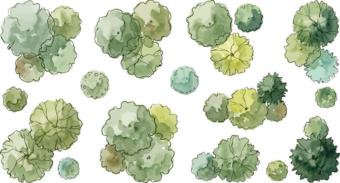 Set of watercolor tree top view elements for architectural landscape design plans and site map illustrations