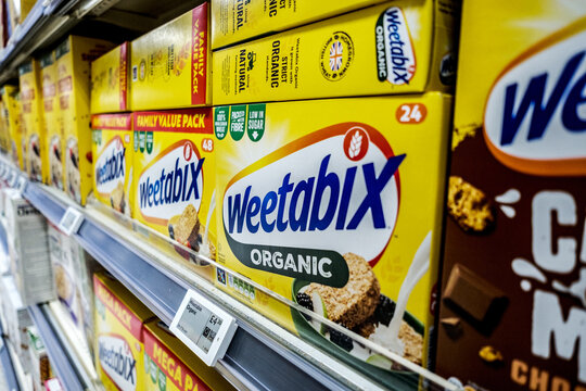 Display of Boxes of Weetabix Organic Breakfast Cereals With No People