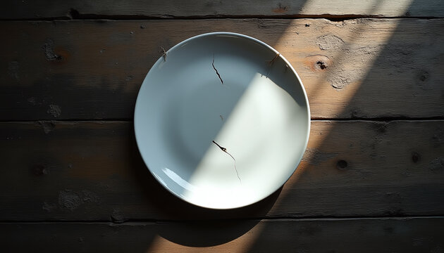 Top-down flat-lay of an empty, cracked ceramic plate on a scarred wooden table in harsh light.