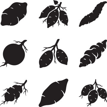 Sweet potato silhouette icons, set of 9 organic root vegetable vector illustrations, black yam and tuber plant graphics for food packaging