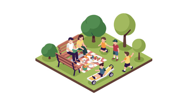 Family Picnicking in Park with Children and Relaxing Environment