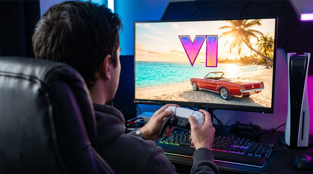 A young man playing the new upcoming Rockstar game Grand Theft Auto VI (GTA 6) on a Playstation 5 console with a wireless controller, MSI gaming monitor, RGB keyboard, and mouse in a dark room.