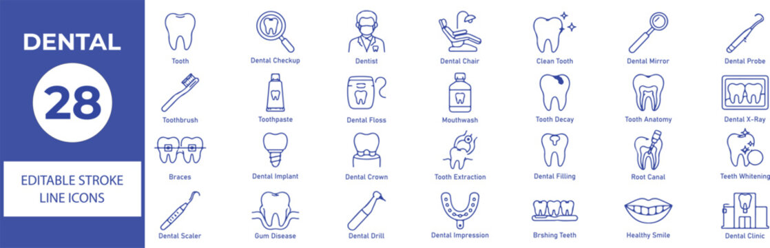 Dental Care Vector Outline Icons Set &ndash; Dentistry, Oral Health, Dental Clinic and Treatment Line Symbols Collection