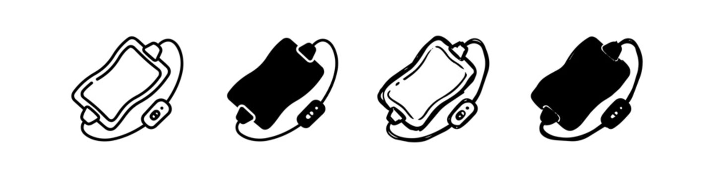 Set of hand-drawn electric heating pad icons in a minimalist doodle style. Includes outline and silhouette versions of hot water bottles with power cords for cozy warmth and comfort.