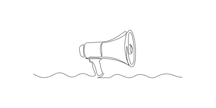 Single continuous line drawing of a megaphone or loudspeaker used for making announcements and shouting out loud to an audience in a creative minimalist art style