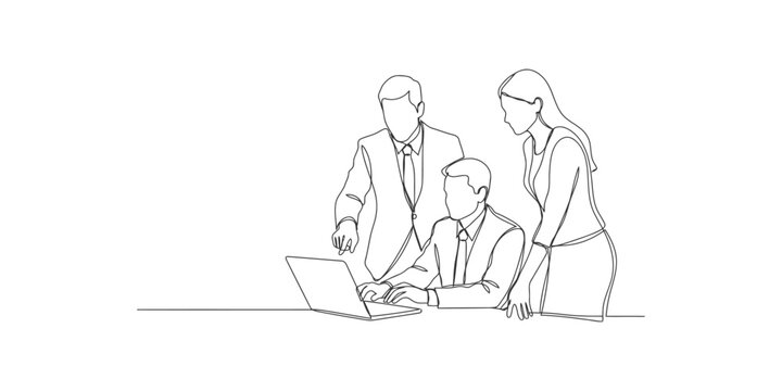 Business team people working together on a laptop computer in a professional office meeting sketch drawing
