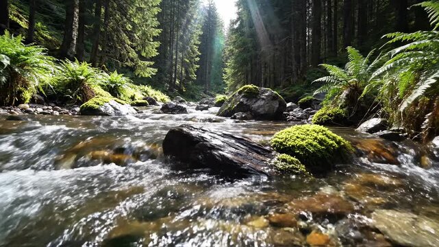 Clear flowing mountain stream over rocks, sunlight streaming through lush green forest trees, tranquil nature scene