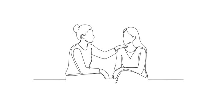Continuous line drawing of two women comforting each other with one girl putting hand on shoulder of her friend expressing empathy support and care in a minimalist style