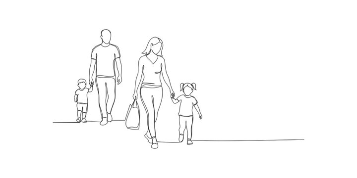 Happy family with father mother and two children walking together hand in hand as a continuous line drawing