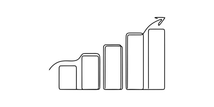 Continuous single line drawing of business bar chart graph with an arrow pointing upwards representing financial growth and success in a simple minimalist style illustration