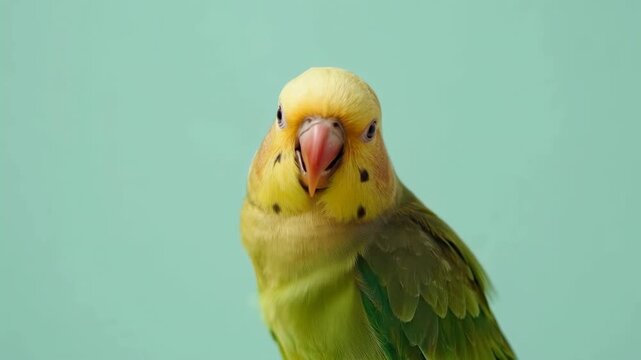 Yellow headed parrot bird perched with green wing feather red beak and soft mint background