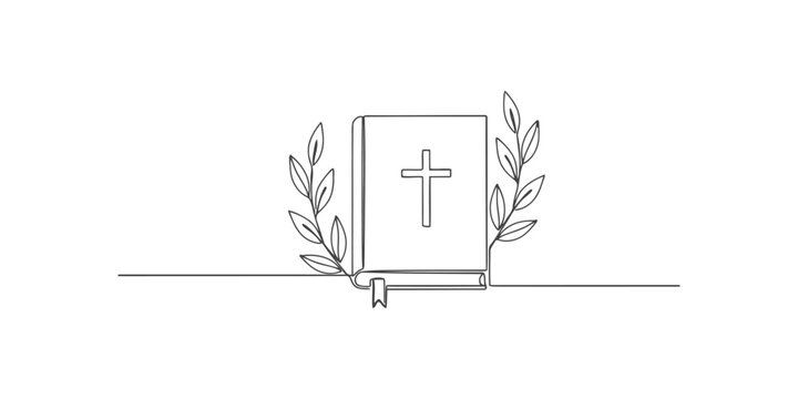 Continuous line drawing of a holy bible book with a christian cross symbol and decorative laurel leaf branches for religious ceremony and church design elements