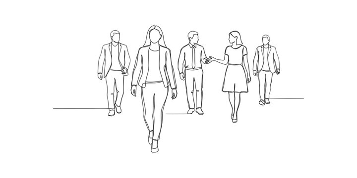 Continuous line drawing of a group of business people walking together as a team in a professional office environment
