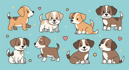 Fototapeta premium Vector collection of eight cute puppies in different poses like sitting and standing. Brown, tan, and white cartoon dogs on a blue background with hearts, stars, and decorative dots.