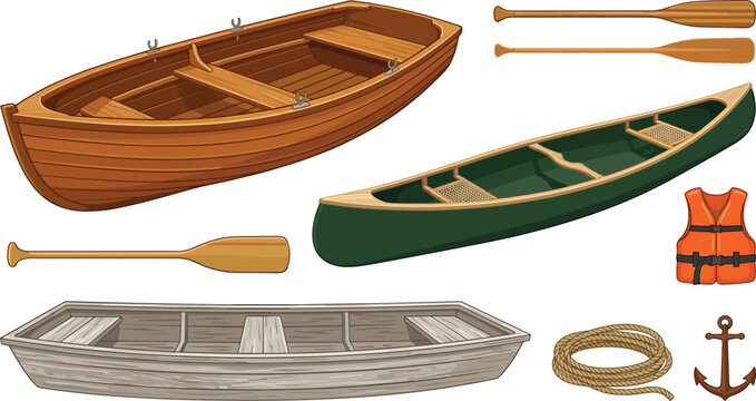 Wooden rowboat and classic canoe vector collection. Vintage timber dinghy, green fiberglass canoe, wooden oars, orange life jacket, coiled marine rope and metal anchor.
