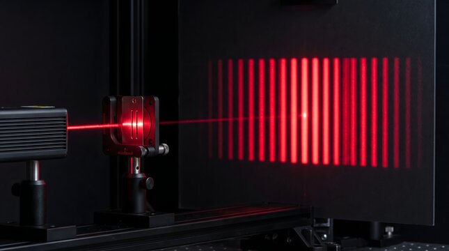 A red laser beam splits through a double slit to project an interference pattern of light and shadow, symbolizing the dual nature of reality and the unseen waves of possibility