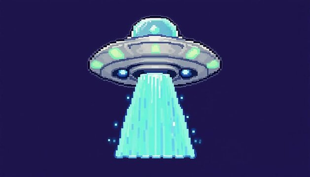 Classic pixel art UFO alien spaceship emitting a blue tractor beam of light in space