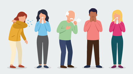Fototapeta premium People with cold and flu symptoms: coughing, sneezing, and hygiene