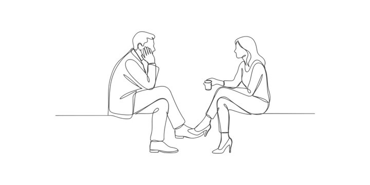Continuous line drawing of a man and a woman sitting and talking together with a coffee cup in a simple minimalist style for business or social conversation concepts