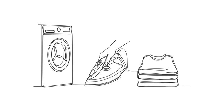 Continuous line drawing of a person ironing clothes with a washing machine nearby showing laundry chores and household tasks for a neat and organized home concept