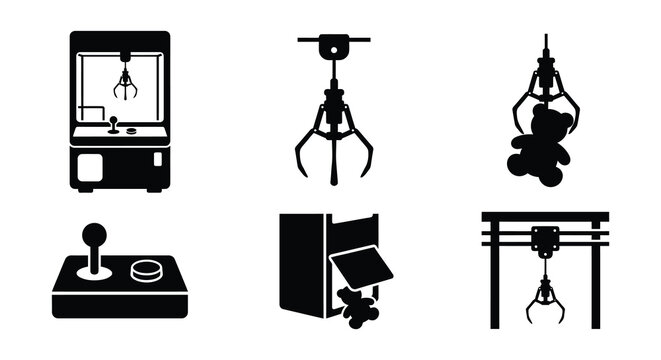 Claw Machine Silhouettes Black Vector Illustrations On White Background