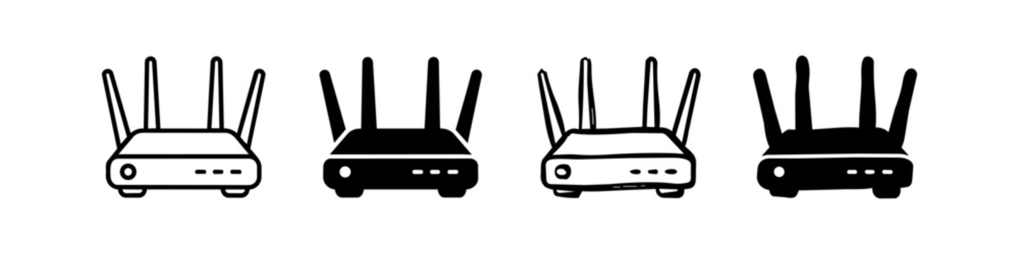Set of four Wi-Fi router icons in outline, solid, hand-drawn, and brush styles. Minimalist black and white vector graphics suitable for internet connectivity and networking equipment themes.