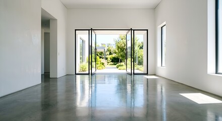 Fototapeta premium Modern Empty Interior with Open Glass Doors to Lush Garden Landscape