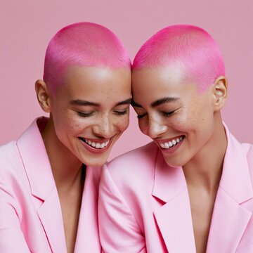 Intimate Portrait of Two Women with Pink Hair in Matching Outfits Against Monochrome Pink Background