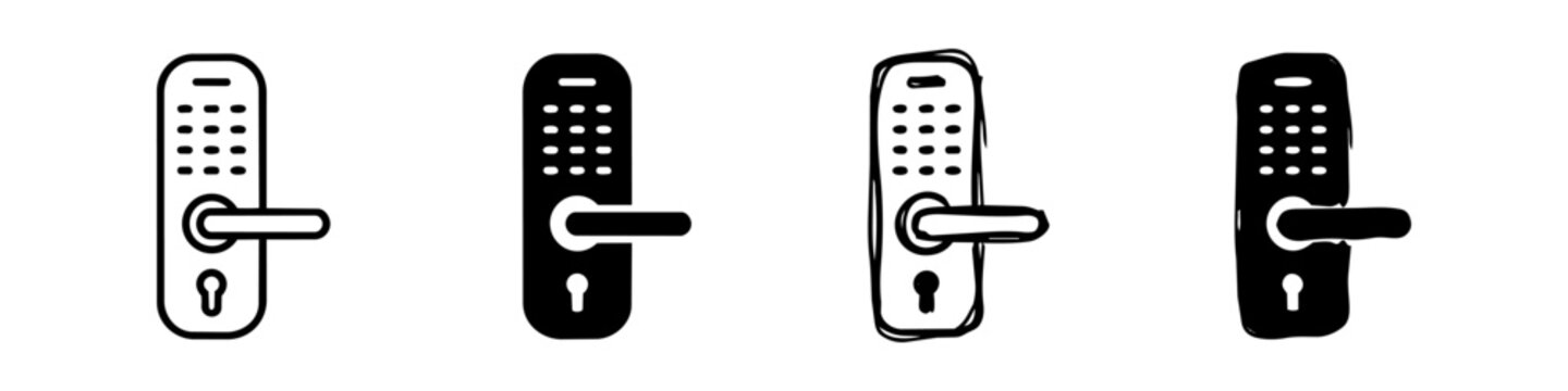 Set of four digital smart door lock icons in outline, solid, and hand-drawn styles. Ideal for projects related to home security, access control systems, and smart home technology.