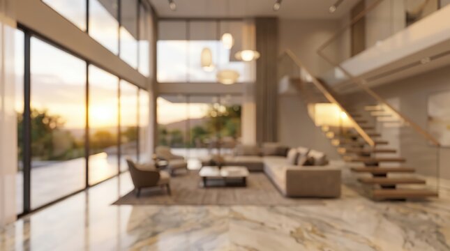 blurred luxury villa interior, double height living area, marble floors, floating staircase, floor to ceiling windows at sunset.