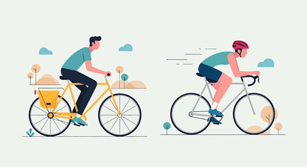 Fototapeta premium Cyclist riding bicycle in city, sport vector illustration of urban cycling activity, biker with helmet, people cycling exercise, silhouette cartoon