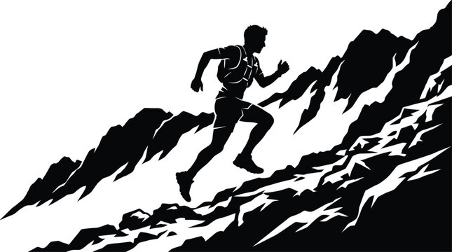 Silhouette of a runner ascending a mountain range against a white background
