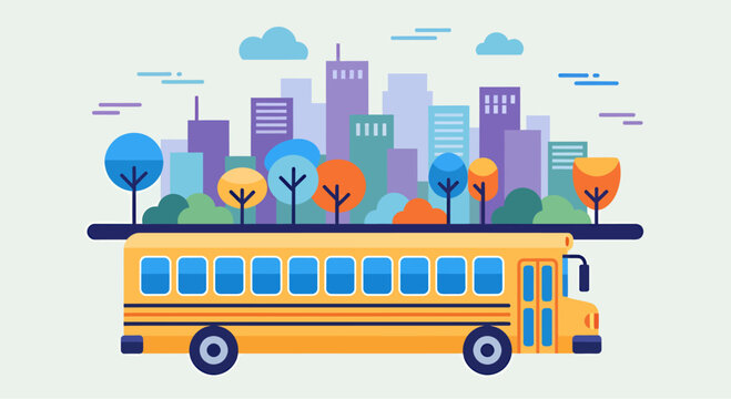 Yellow school bus vector illustration cartoon school transportation vehicle with children students city road travel icon education design kids transport toy style vehicle illustration