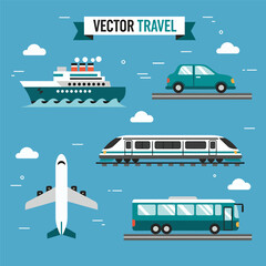 Transportation flat icon set vector illustration featuring car, bus, train, plane, ship symbols for traffic and airport travel themes © Isha