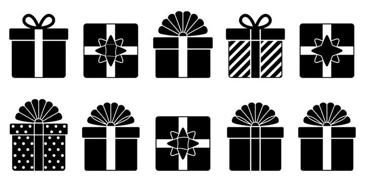 Set of black silhouette gift box icons, black silhouettes of presents with ribbons and bows, collection of various gift boxes for holidays, birthdays, christmas and celebrations