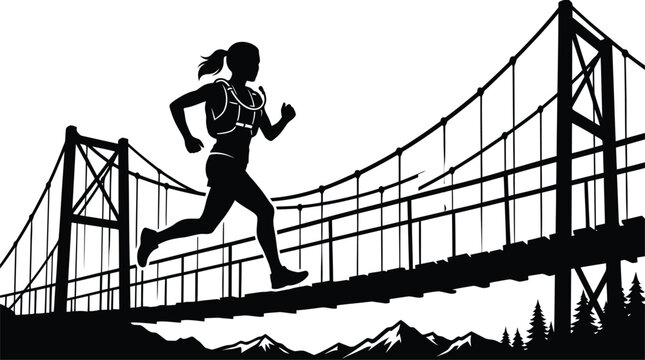 Silhouette of a female runner crossing a bridge with mountains and cityscape