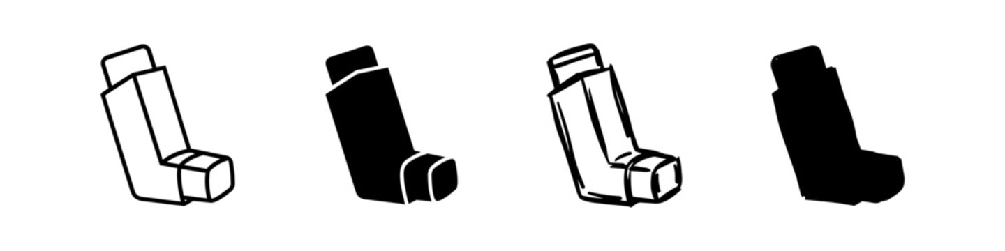 Set of four hand-drawn asthma inhaler icons in various black and white styles, including outline, silhouette, and sketchy versions. Ideal for medical, allergy, or healthcare designs.